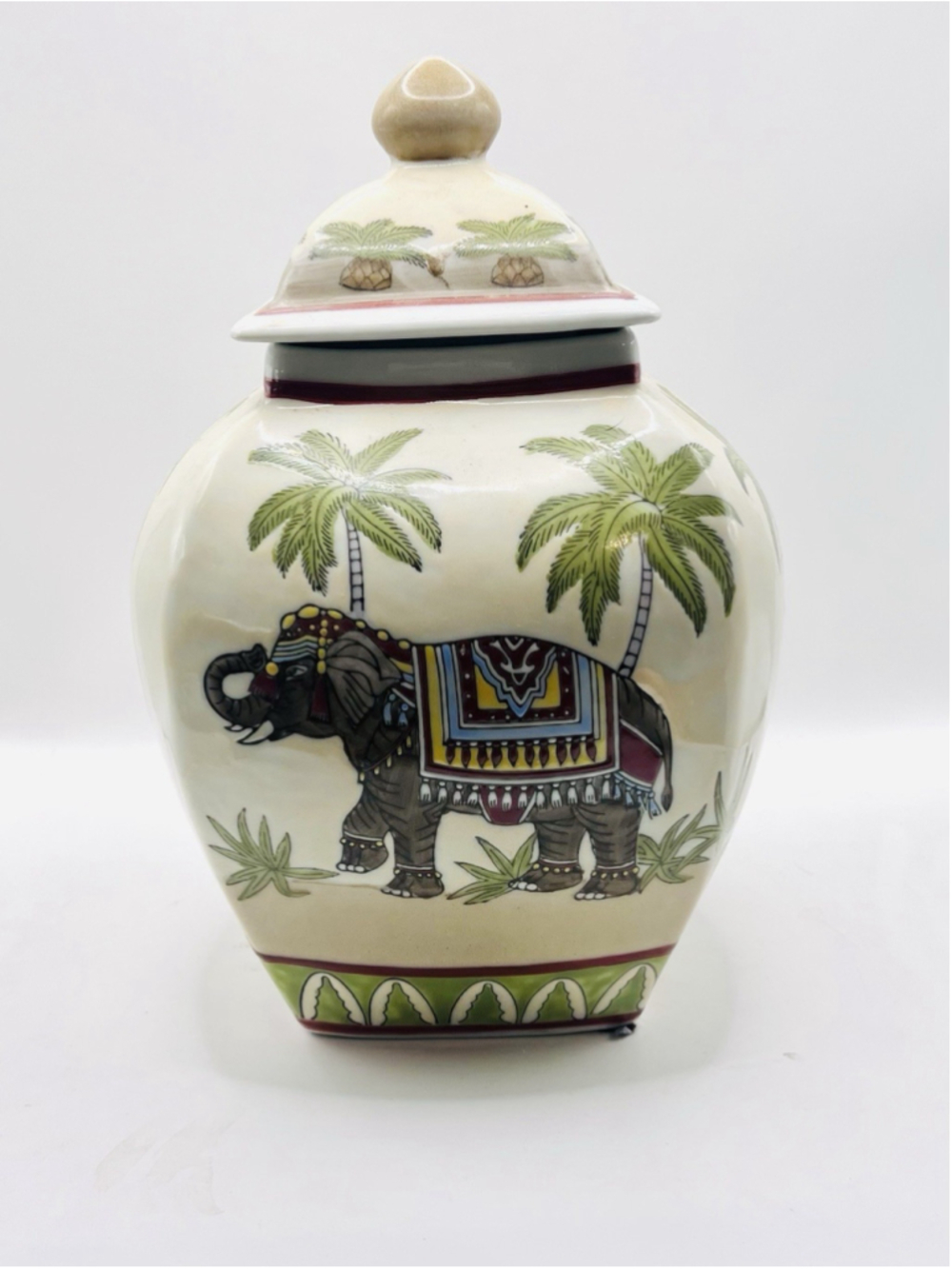 Vintage Oriental Elephant Palm Tree Canister Urn Vase Jar Hand Painted Asian